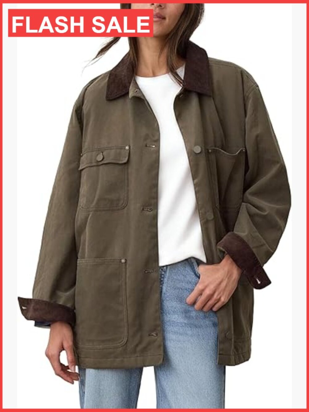 Oversized Cotton Utility Jacket with Corduroy Collar, Pockets